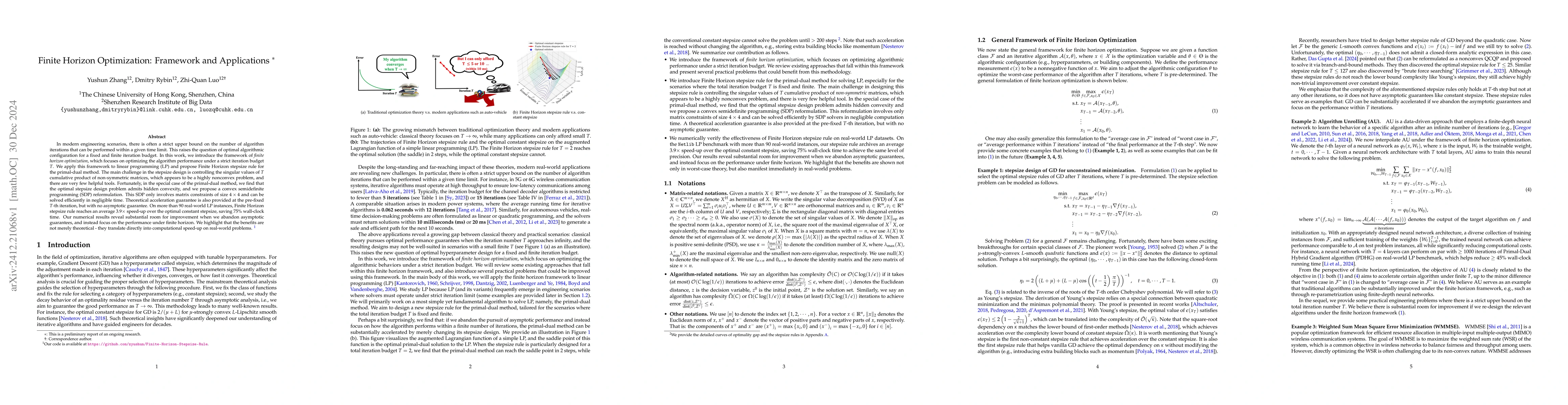 Thumbnail for Finite Horizon Optimization: Framework and Applications