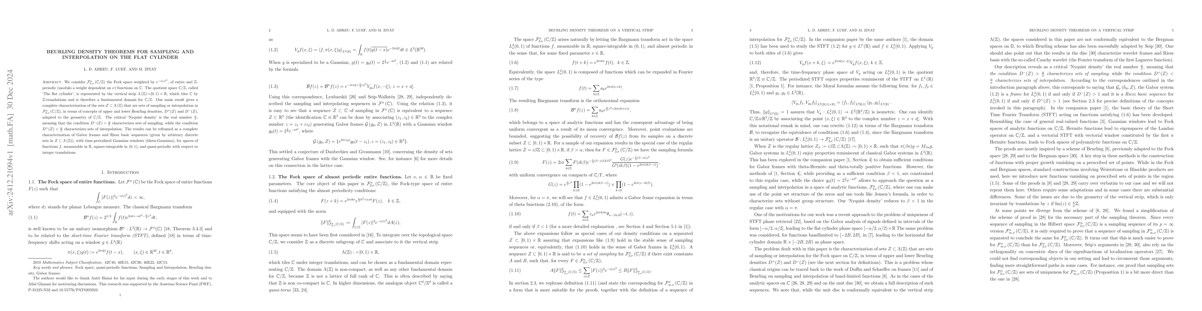 Thumbnail for Beurling density theorems for sampling and interpolation on the flat
  cylinder