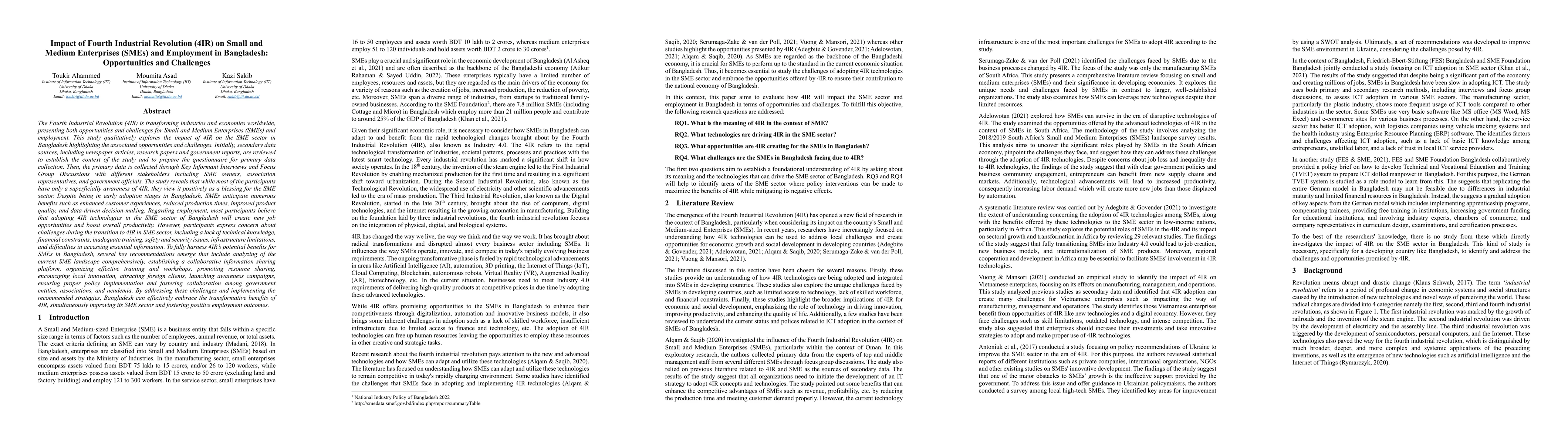Thumbnail for Impact of Fourth Industrial Revolution (4IR) on Small and Medium
  Enterprises (SMEs) and Employment in Bangladesh: Opportunities and Challenges