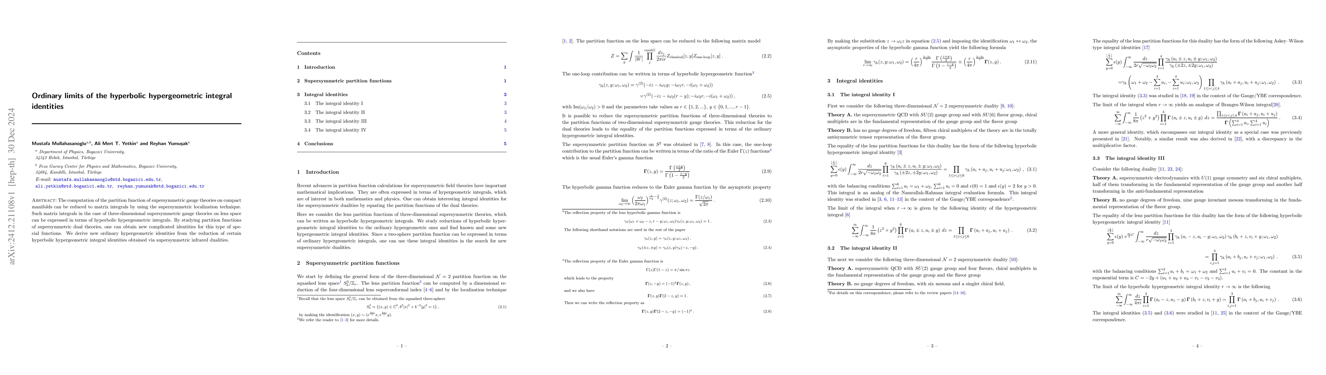 Thumbnail for Ordinary limits of the hyperbolic hypergeometric integral identities