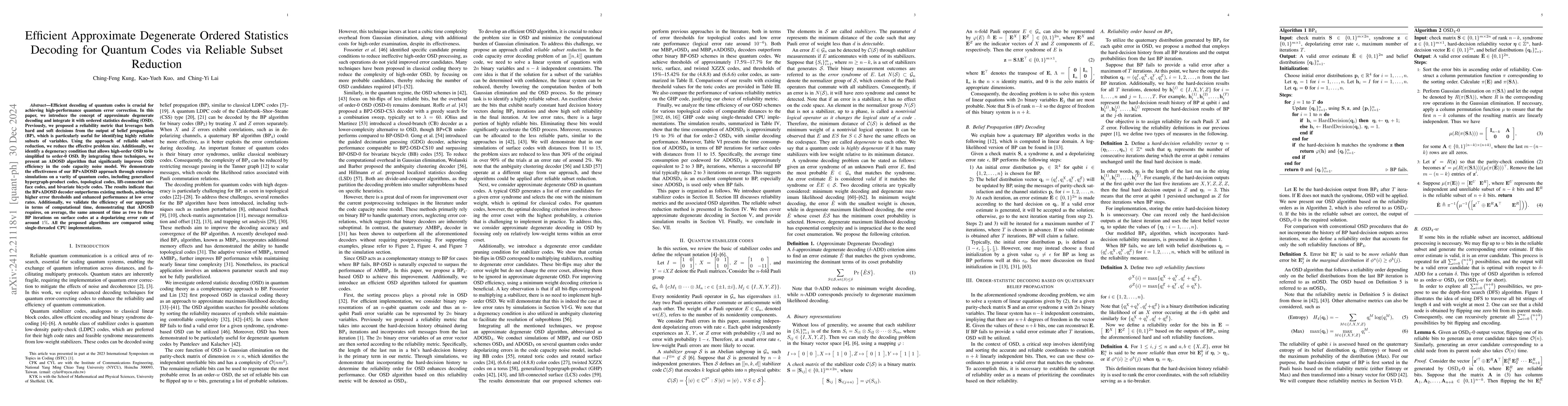 Thumbnail for Efficient Approximate Degenerate Ordered Statistics Decoding for Quantum
  Codes via Reliable Subset Reduction