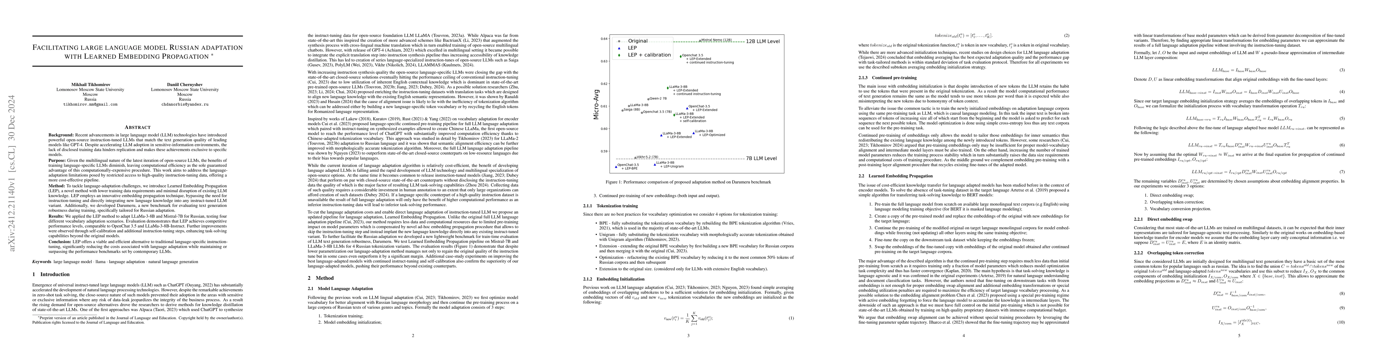 Thumbnail for Facilitating large language model Russian adaptation with Learned
  Embedding Propagation