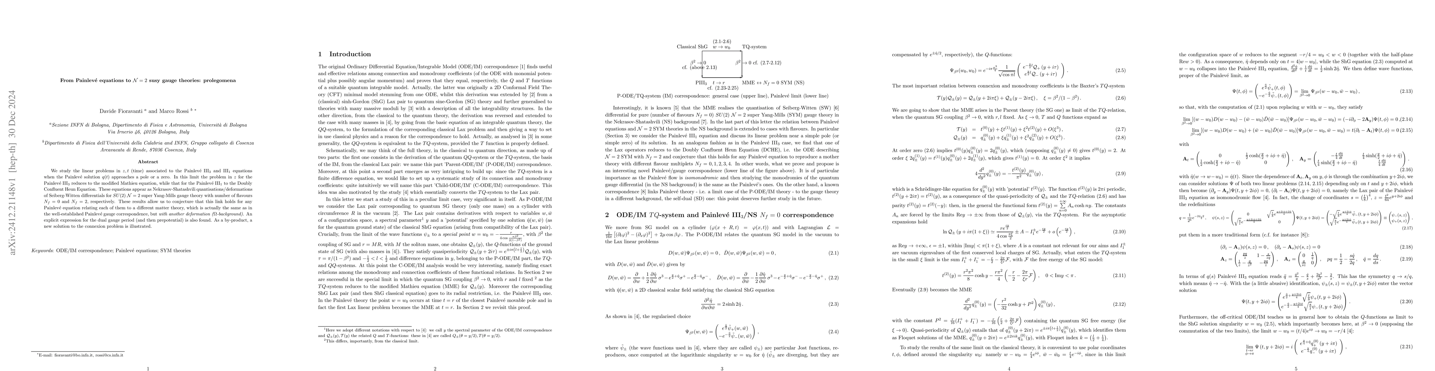 Thumbnail for From Painlevé equations to ${\cal N}=2$ susy gauge theories:
  prolegomena