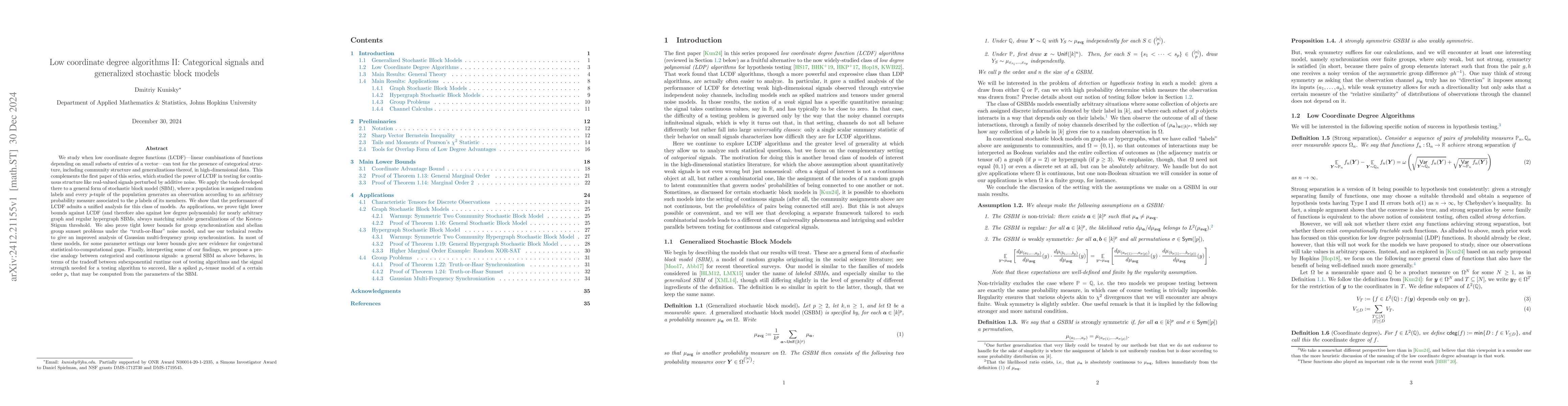 Thumbnail for Low coordinate degree algorithms II: Categorical signals and generalized
  stochastic block models