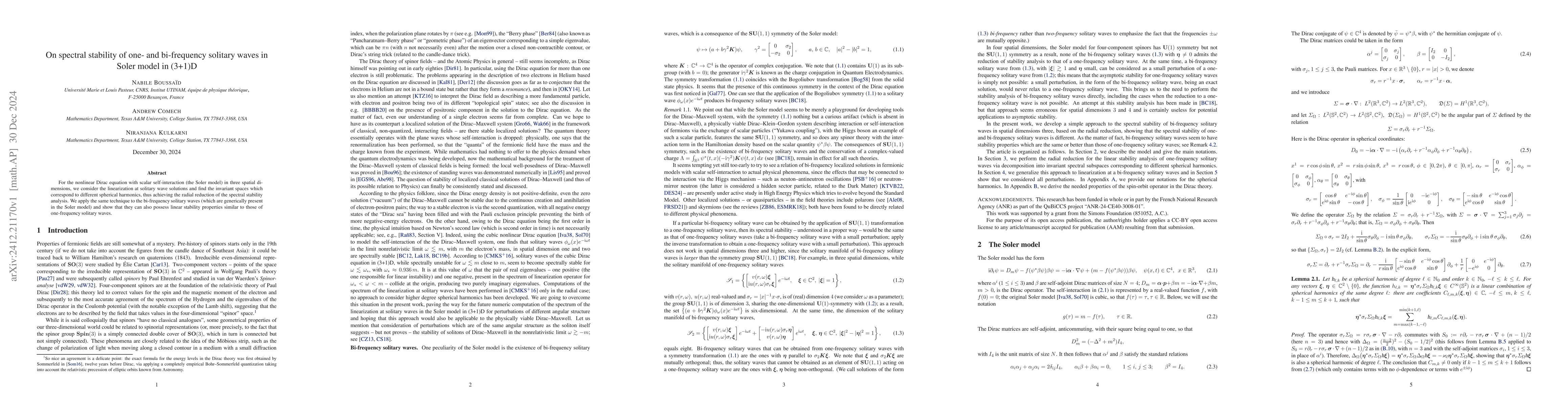 Thumbnail for On spectral stability of one- and bi-frequency solitary waves in Soler
  model in (3+1)D