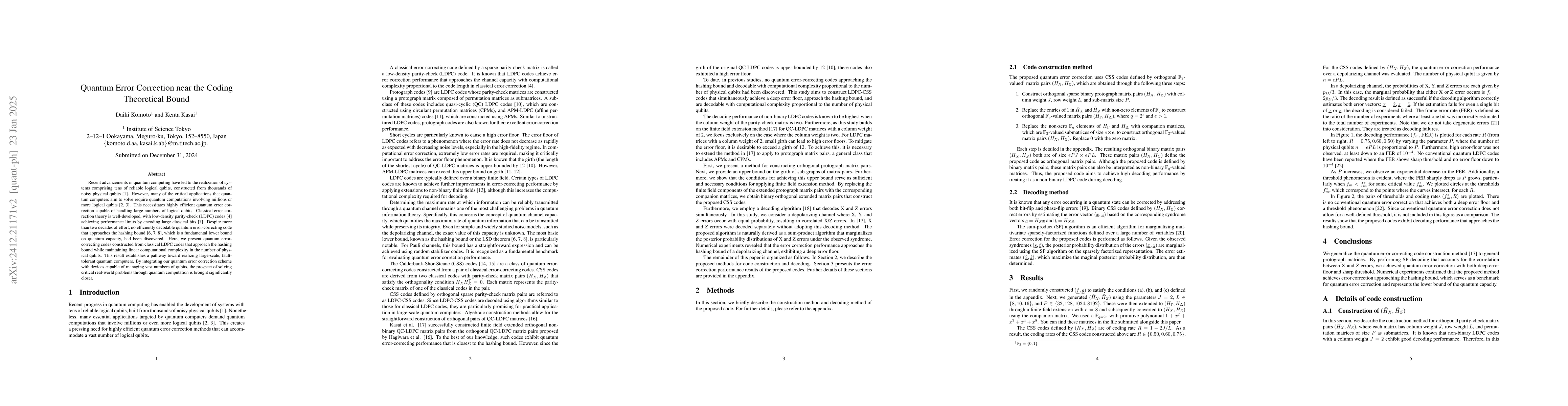 Thumbnail for Quantum Error Correction near the Coding Theoretical Bound