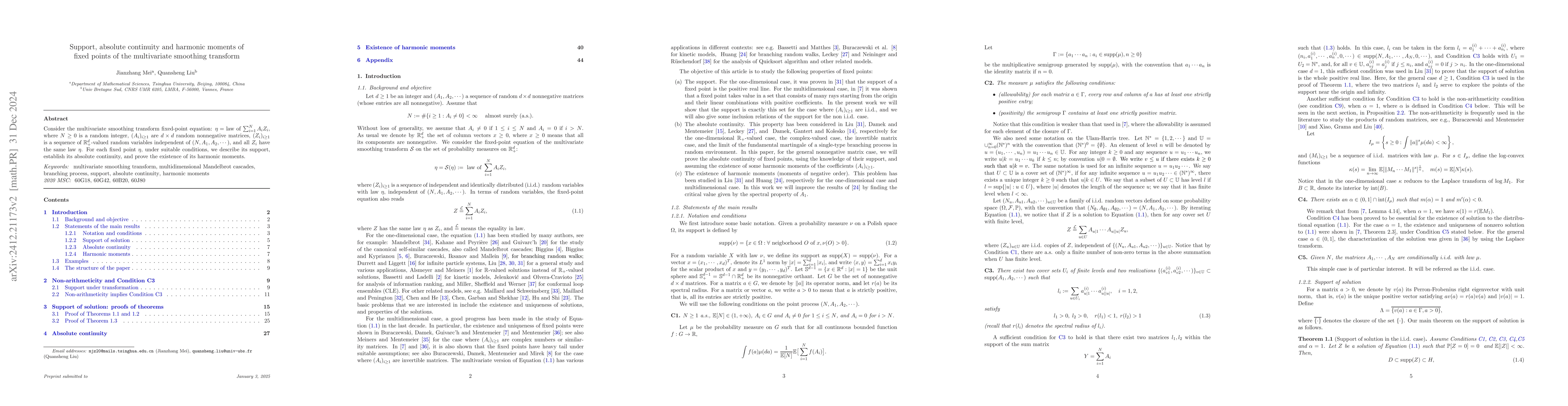 Thumbnail for Support, absolute continuity and harmonic moments of fixed points of the
  multivariate smoothing transform