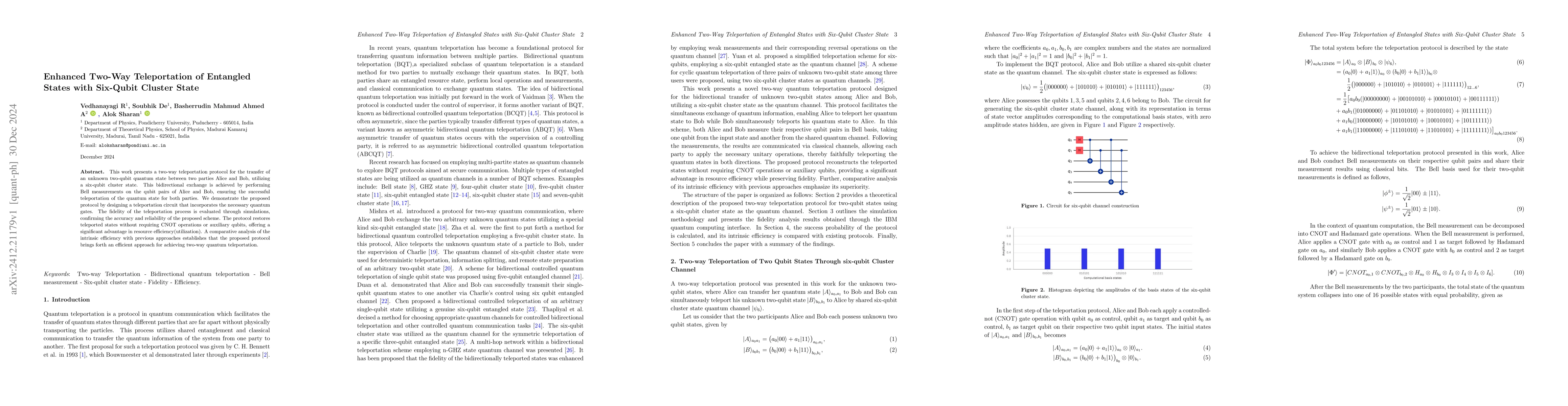 Thumbnail for Enhanced Two-Way Teleportation of Entangled States with Six-Qubit
  Cluster State
