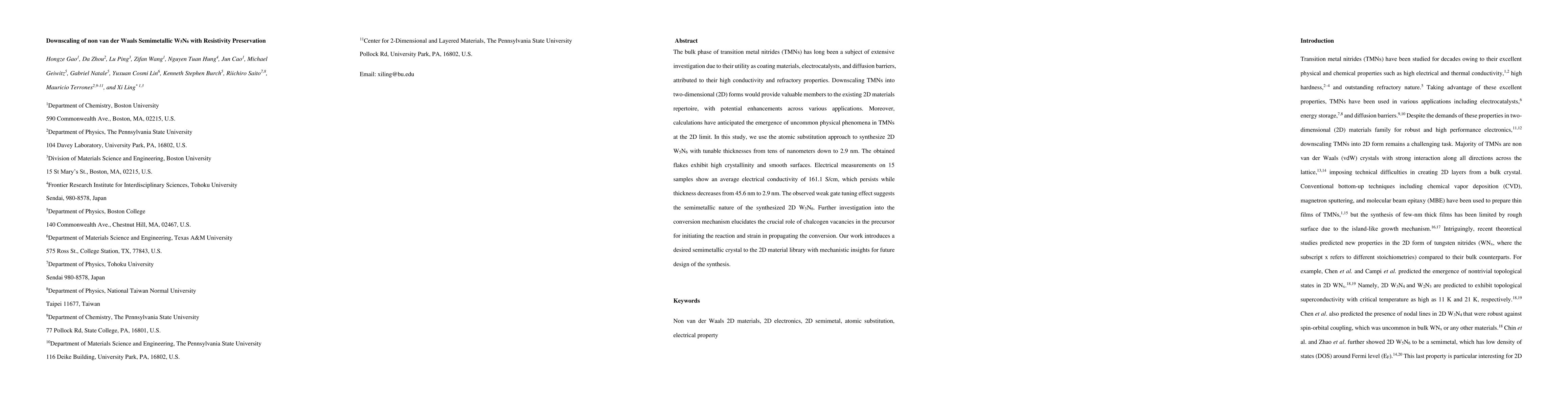 Thumbnail for Downscaling of non van der Waals Semimetallic W5N6 with Resistivity
  Preservation