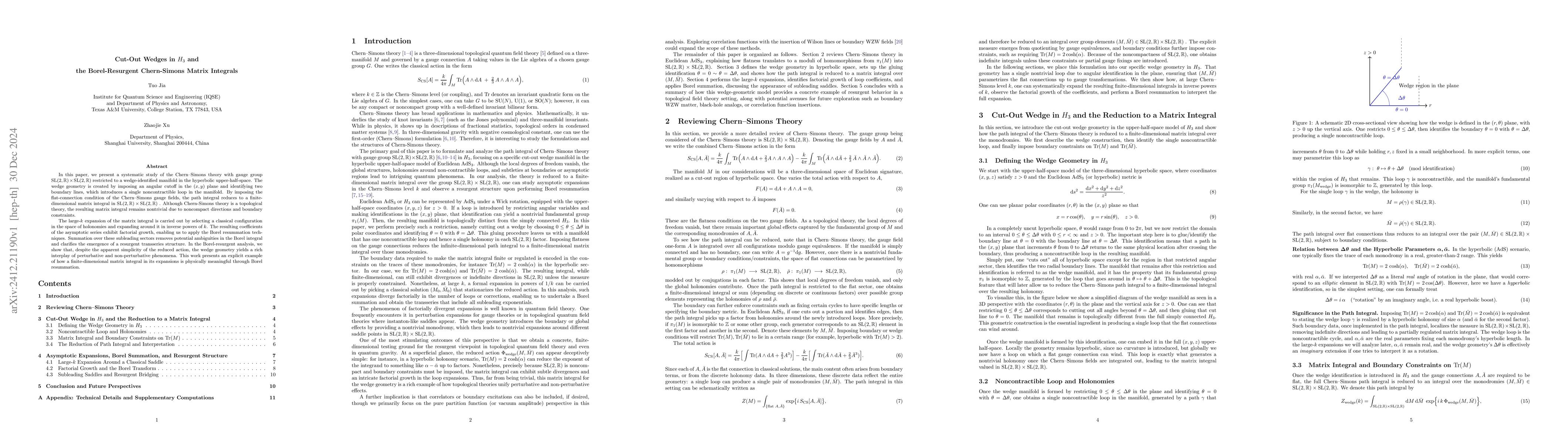 Thumbnail for Cut-Out Wedges in $H_{3}$ and the Borel-Resurgent Chern-Simons Matrix
  Integrals