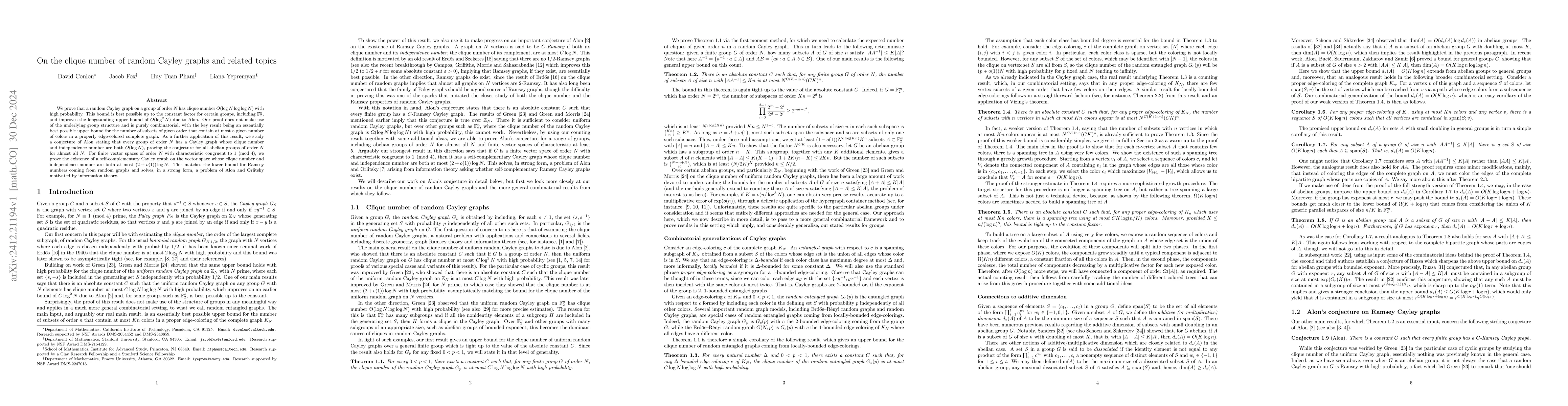 Thumbnail for On the clique number of random Cayley graphs and related topics