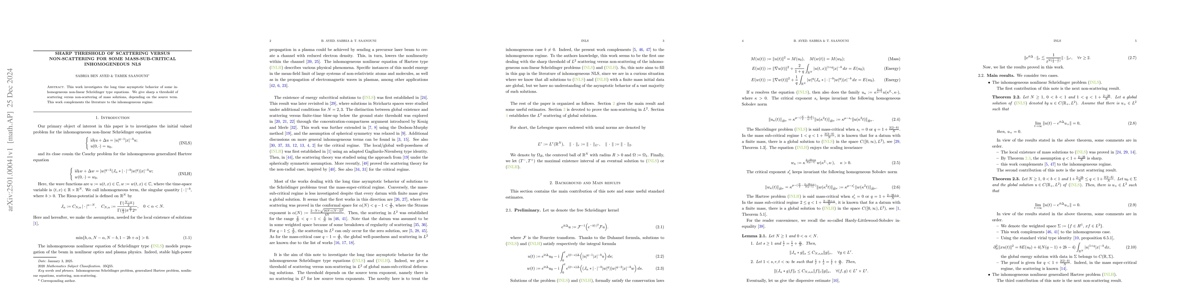 Thumbnail for Sharp threshold of scattering versus non-scattering for some
  mass-sub-critical inhomogeneous NLS