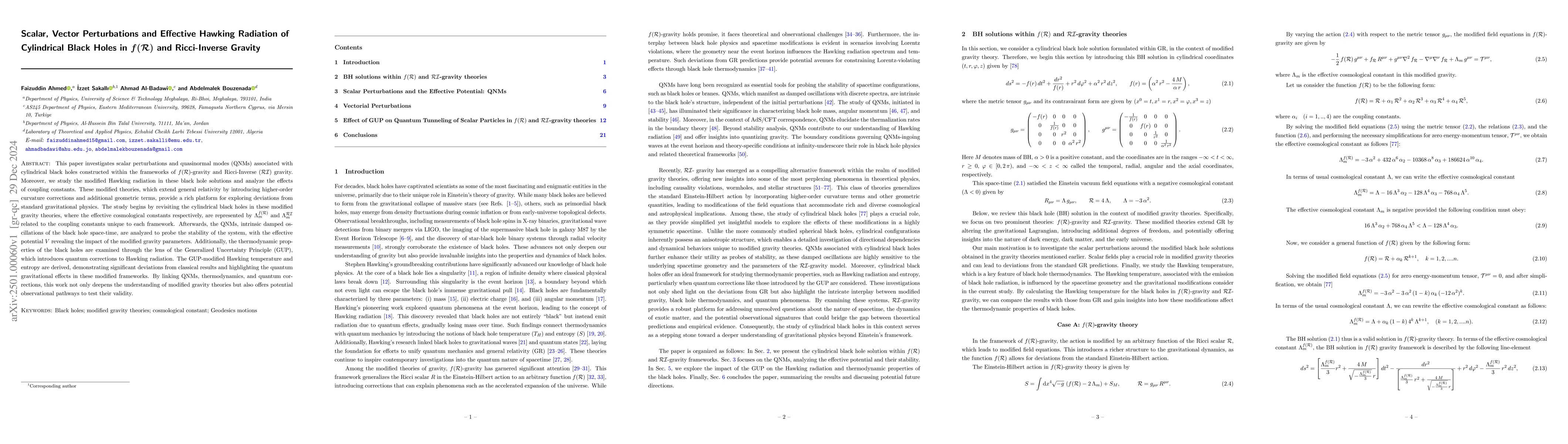Thumbnail for Scalar, Vector Perturbations and Effective Hawking Radiation of
  Cylindrical Black Holes in $f(\mathcal{R})$ and Ricci-Inverse Gravity