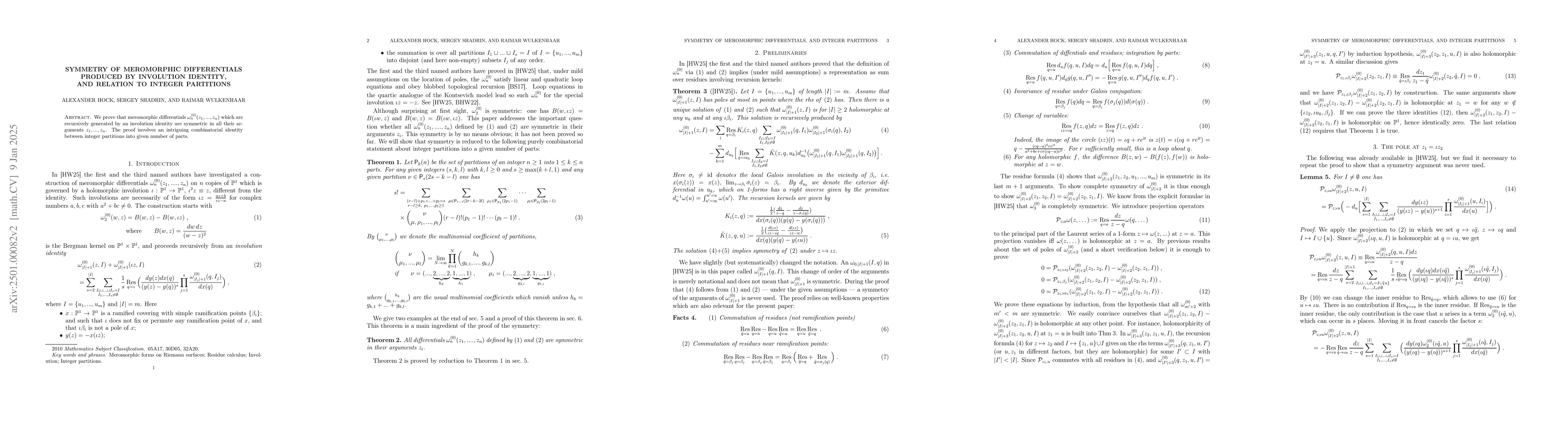 Thumbnail for Symmetry of meromorphic differentials produced by involution identity,
  and relation to integer partitions