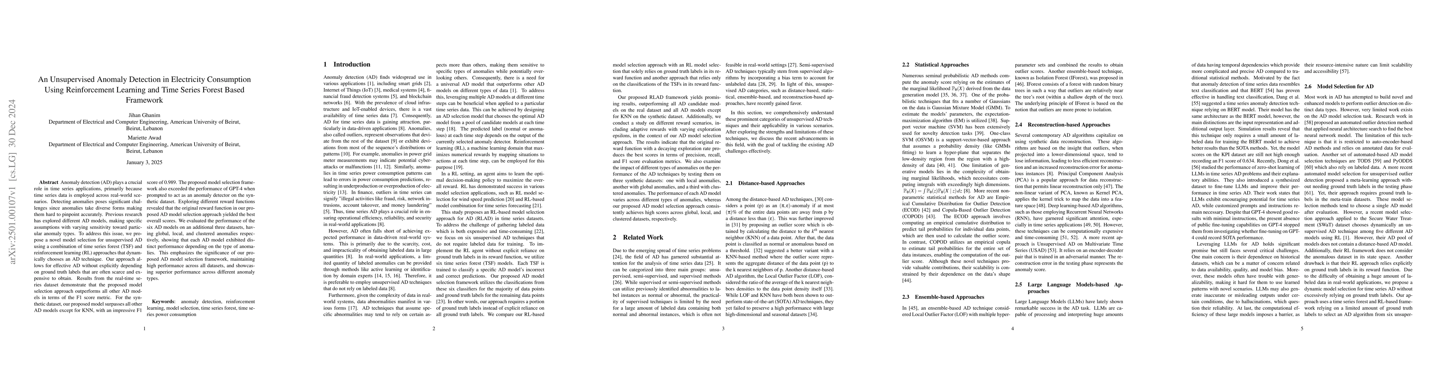 Thumbnail for An Unsupervised Anomaly Detection in Electricity Consumption Using
  Reinforcement Learning and Time Series Forest Based Framework