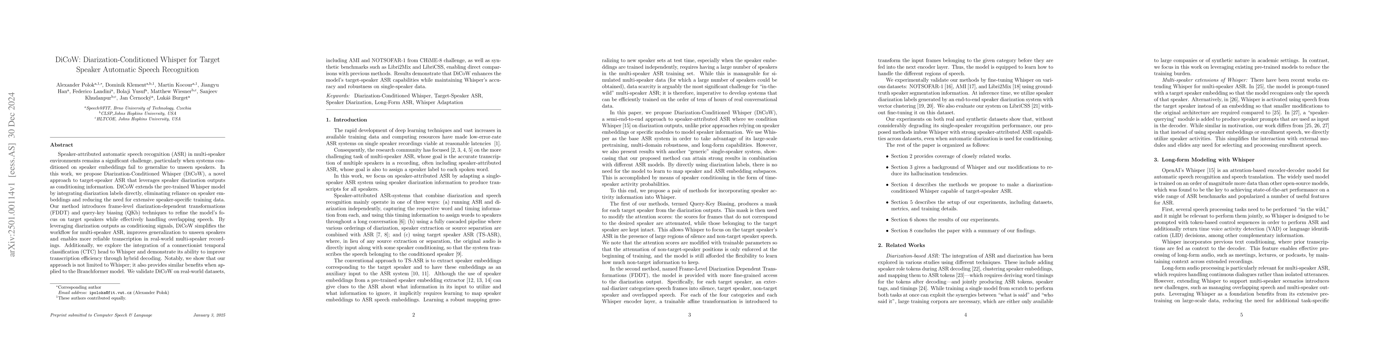 Thumbnail for DiCoW: Diarization-Conditioned Whisper for Target Speaker Automatic
  Speech Recognition