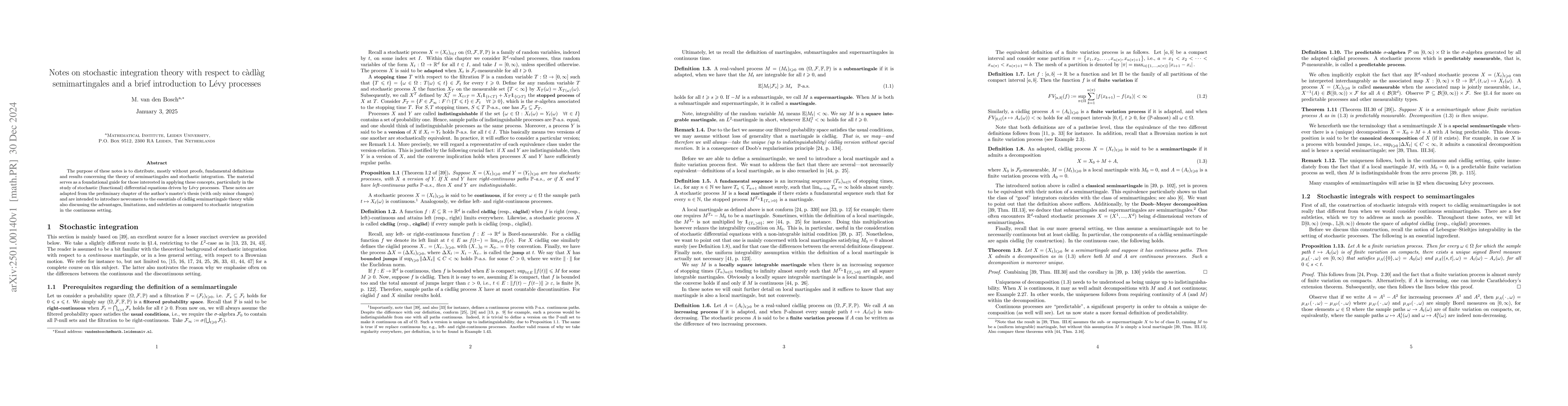 Thumbnail for Notes on stochastic integration theory with respect to càdlàg
  semimartingales and a brief introduction to Lévy processes