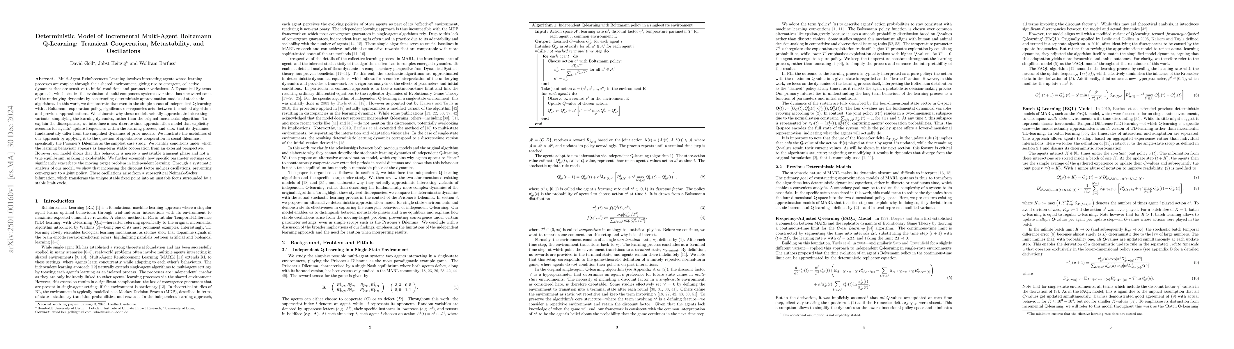 Thumbnail for Deterministic Model of Incremental Multi-Agent Boltzmann Q-Learning:
  Transient Cooperation, Metastability, and Oscillations