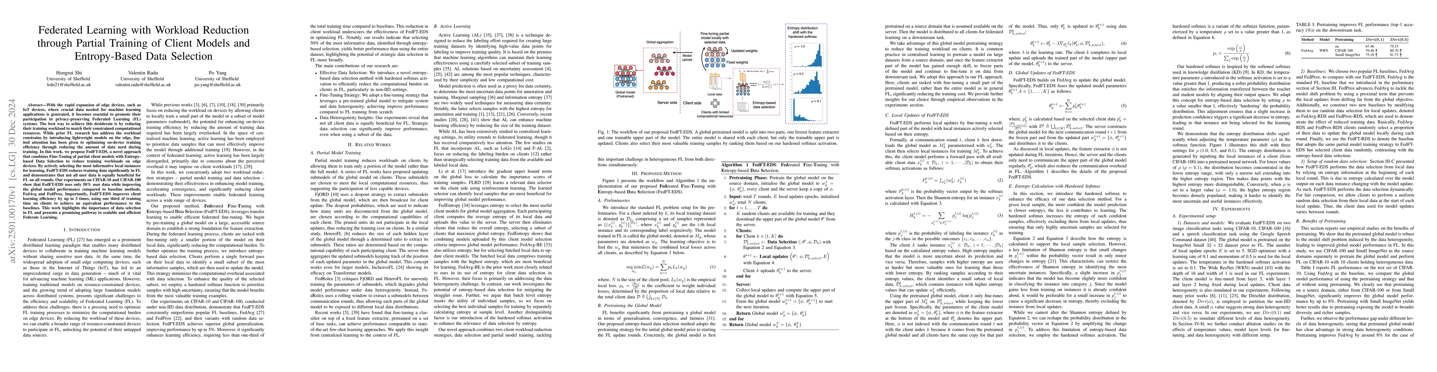 Thumbnail for Federated Learning with Workload Reduction through Partial Training of
  Client Models and Entropy-Based Data Selection