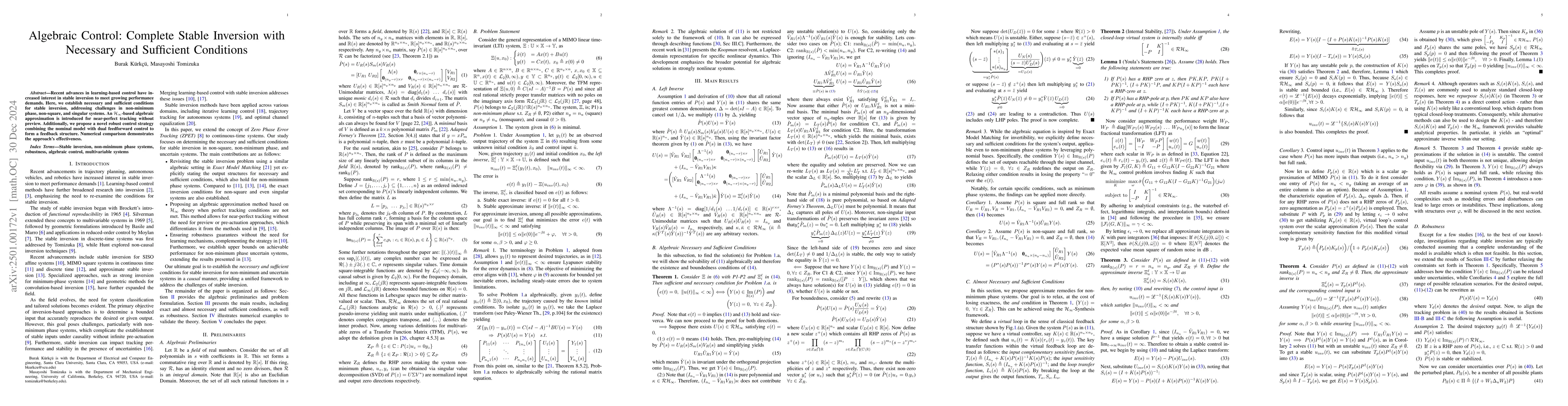 Thumbnail for Algebraic Control: Complete Stable Inversion with Necessary and
  Sufficient Conditions