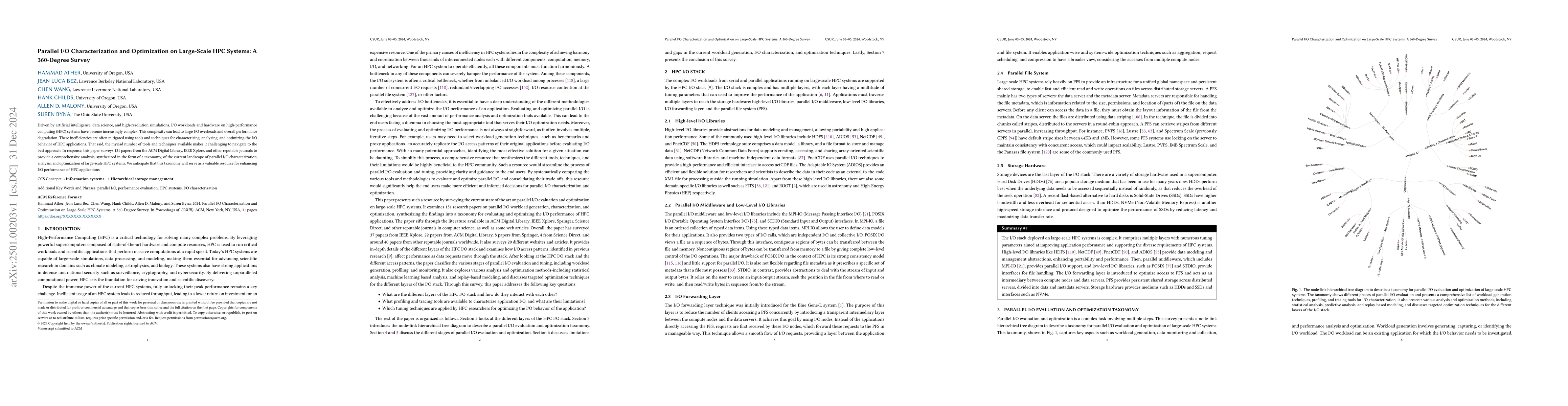 Thumbnail for Parallel I/O Characterization and Optimization on Large-Scale HPC
  Systems: A 360-Degree Survey
