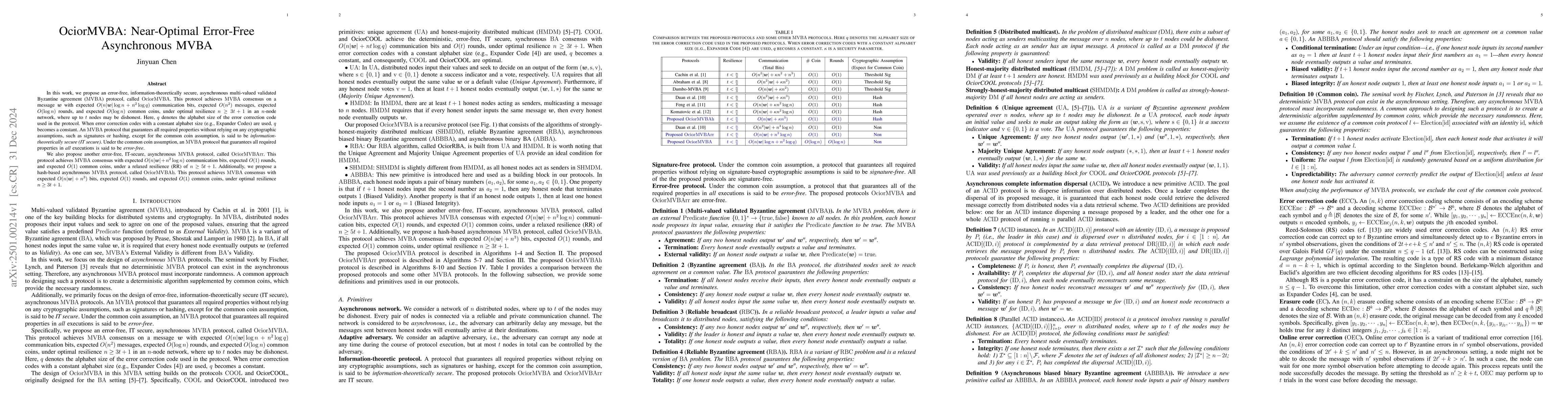 Thumbnail for OciorMVBA: Near-Optimal Error-Free Asynchronous MVBA
