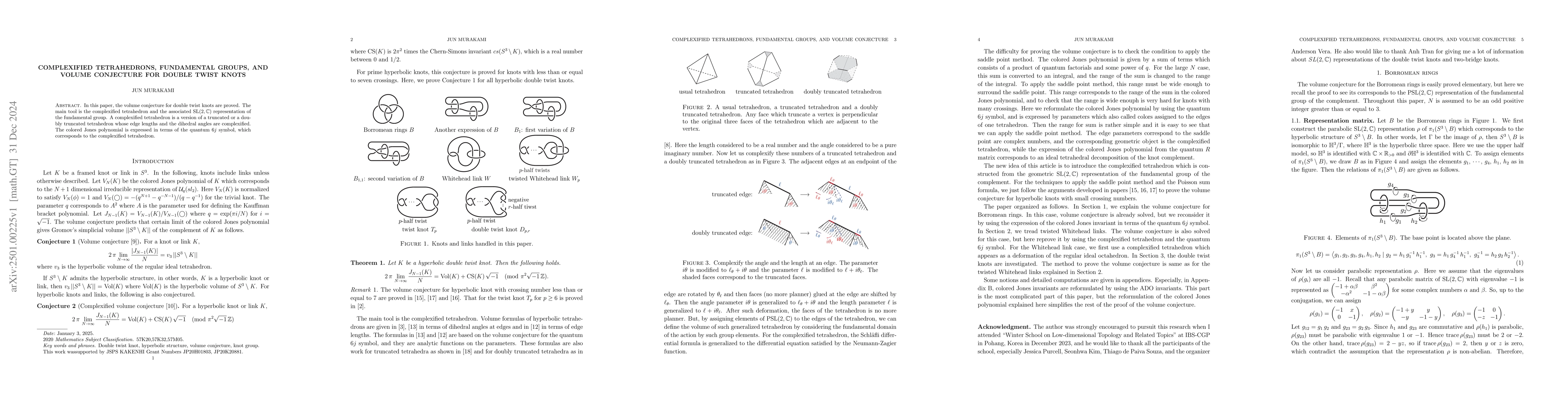 Thumbnail for Complexified tetrahedrons, fundamental groups, and volume conjecture for
  double twist knots
