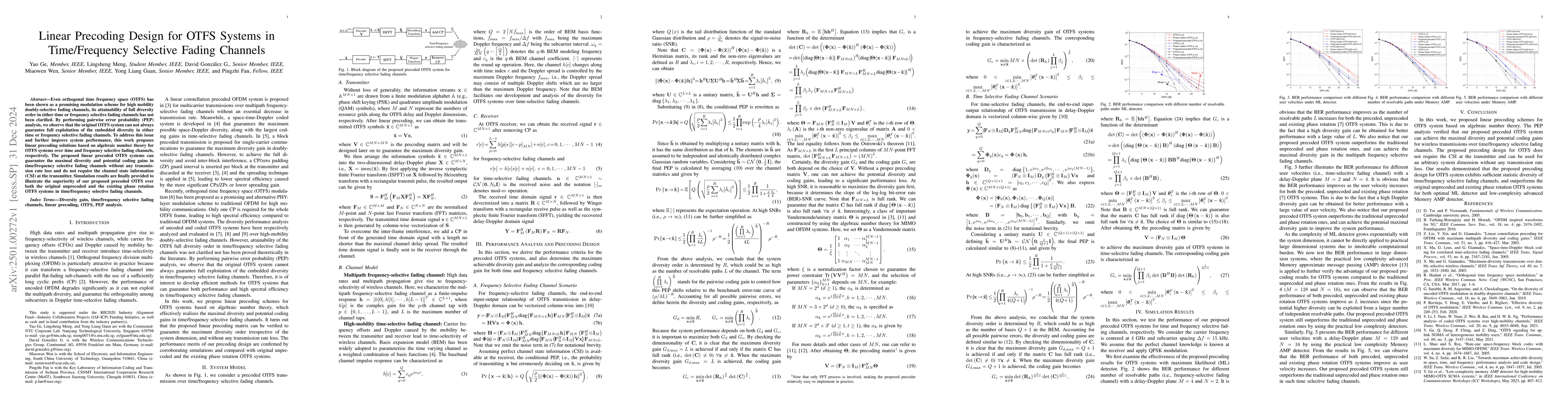 Thumbnail for Linear Precoding Design for OTFS Systems in Time/Frequency Selective
  Fading Channels