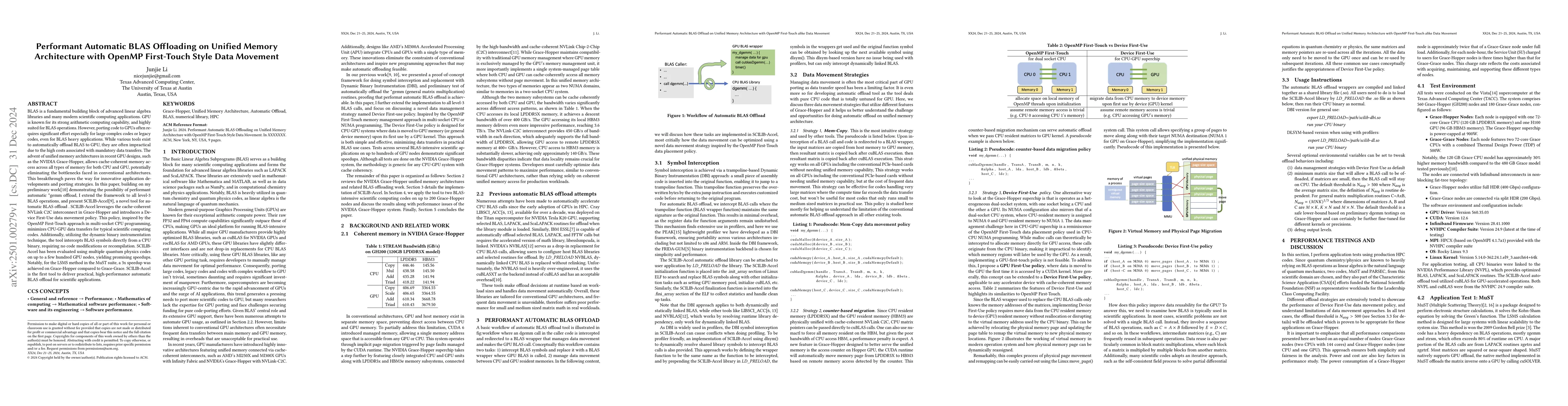 Thumbnail for Performant Automatic BLAS Offloading on Unified Memory Architecture with
  OpenMP First-Touch Style Data Movement