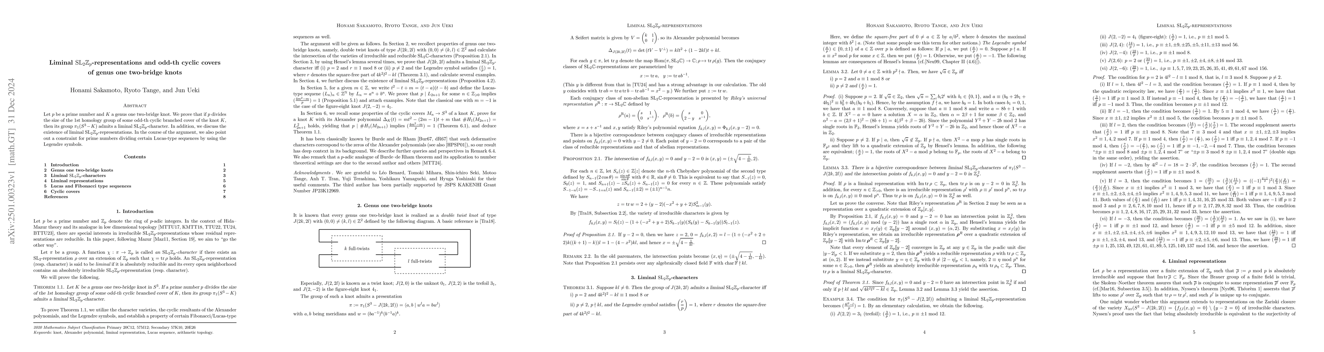 Thumbnail for Liminal ${\rm SL}_2\mathbb{Z}_p$-representations and odd-th cyclic
  covers of genus one two-bridge knots