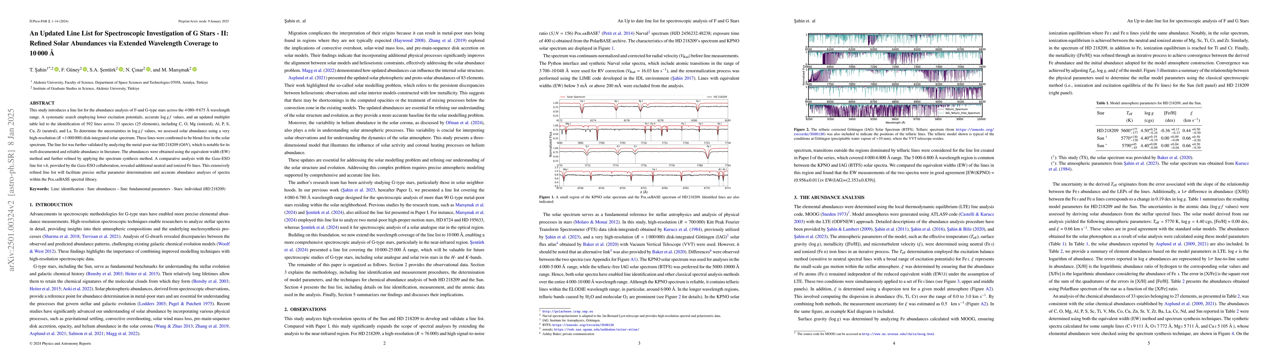 Thumbnail for An Updated Line List for Spectroscopic Investigation of G Stars II:
  Refined Solar Abundances via Extended Wavelength Coverage to 10 000 Å