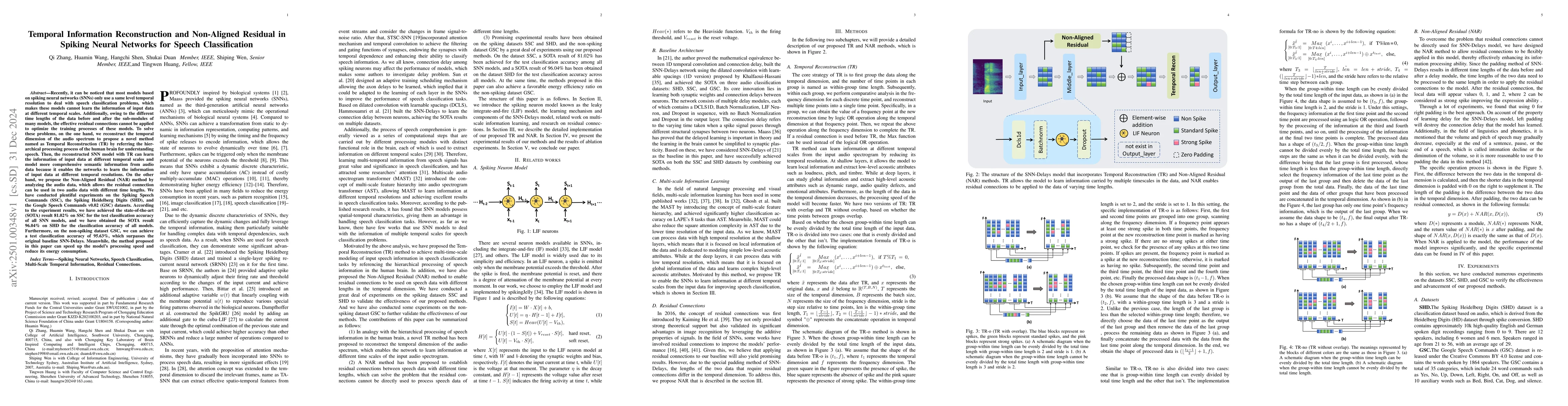 Thumbnail for Temporal Information Reconstruction and Non-Aligned Residual in Spiking
  Neural Networks for Speech Classification