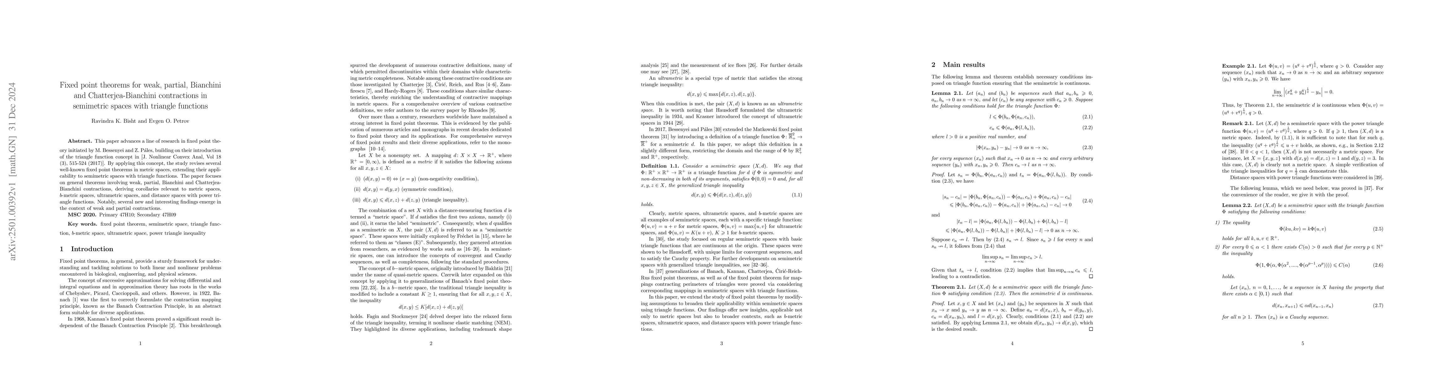 Thumbnail for Fixed point theorems for weak, partial, Bianchini and
  Chatterjea-Bianchini contractions in semimetric spaces with triangle
  functions