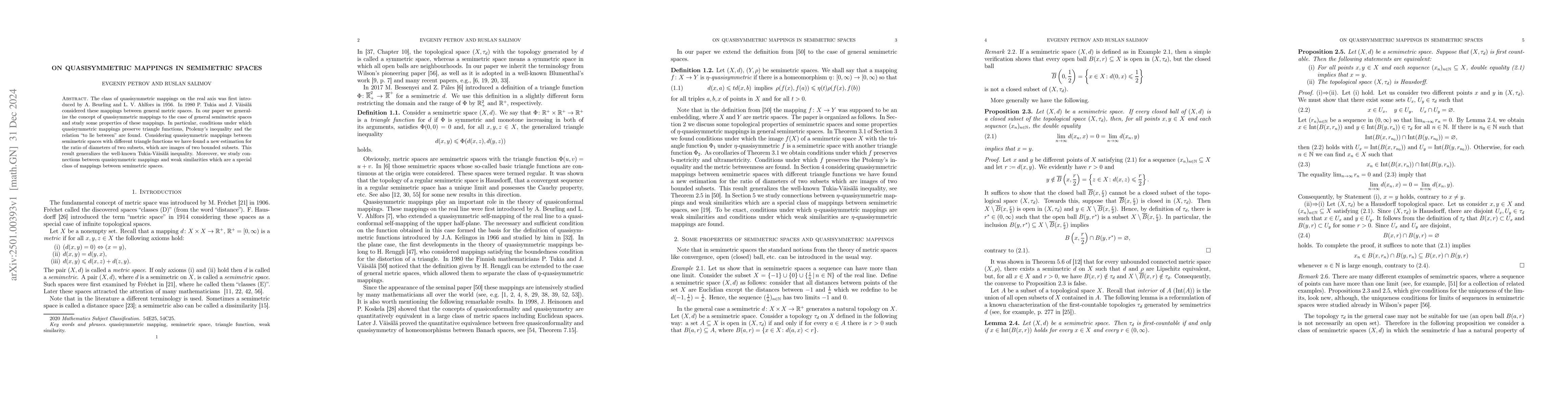 Thumbnail for On quasisymmetric mappings in semimetric spaces
