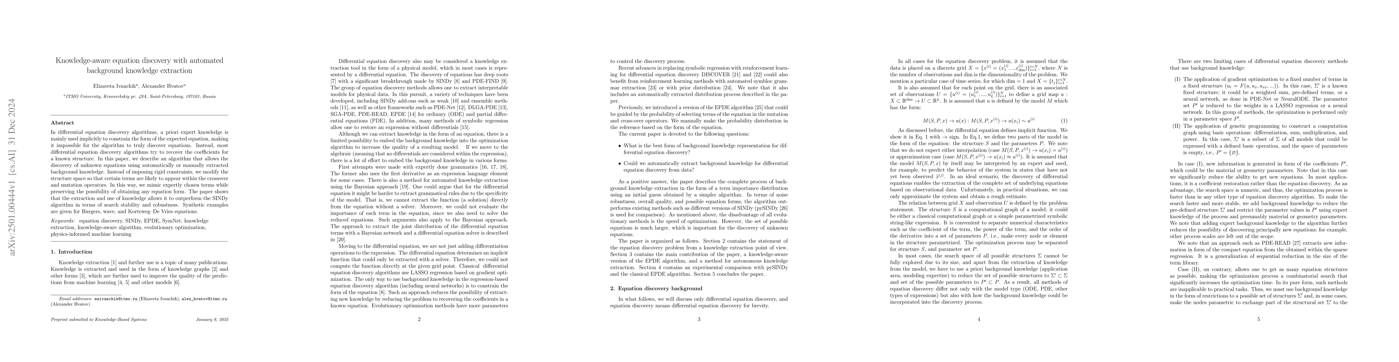 Thumbnail for Knowledge-aware equation discovery with automated background knowledge
  extraction