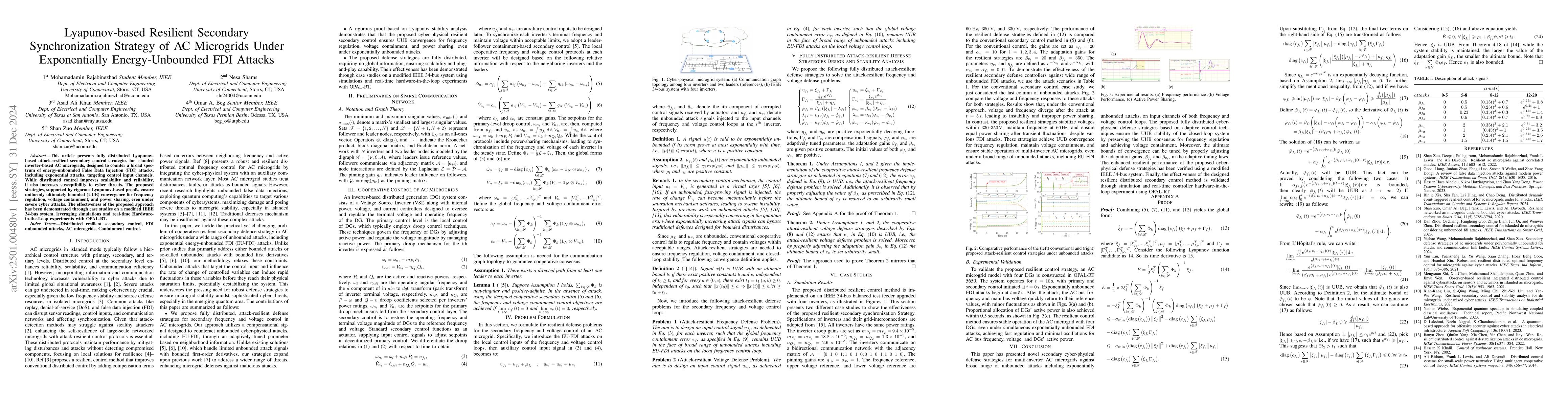 Thumbnail for Lyapunov-based Resilient Secondary Synchronization Strategy of AC
  Microgrids Under Exponentially Energy-Unbounded FDI Attacks
