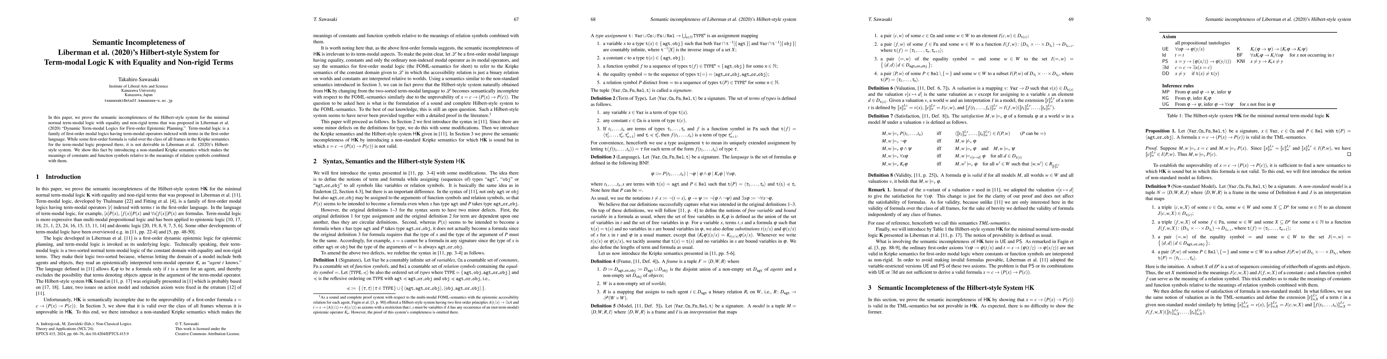 Thumbnail for Semantic Incompleteness of Liberman et al. (2020)'s Hilbert-style System
  for Term-modal Logic K with Equality and Non-rigid Terms