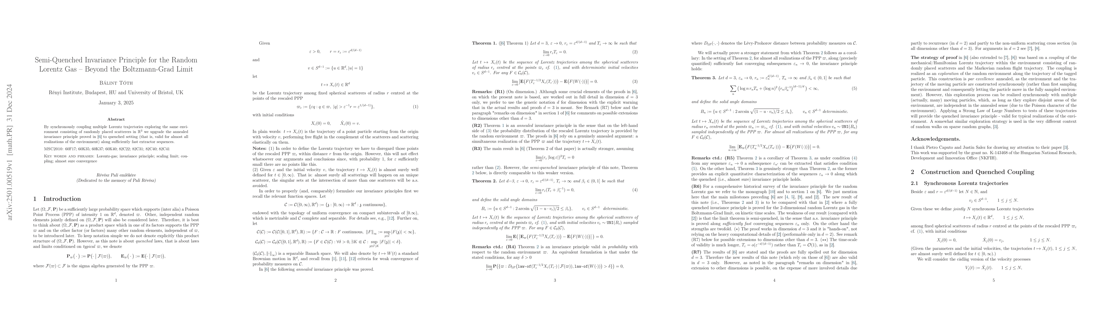 Thumbnail for Semi-Quenched Invariance Principle for the Random Lorentz Gas -- Beyond
  the Boltzmann-Grad Limit