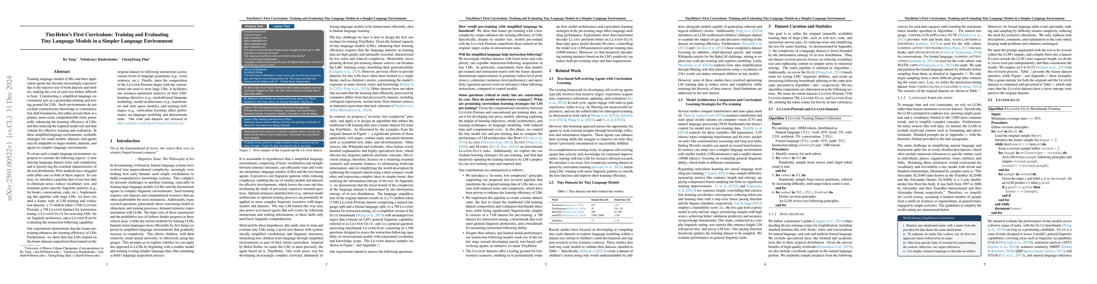 Thumbnail for TinyHelen's First Curriculum: Training and Evaluating Tiny Language
  Models in a Simpler Language Environment