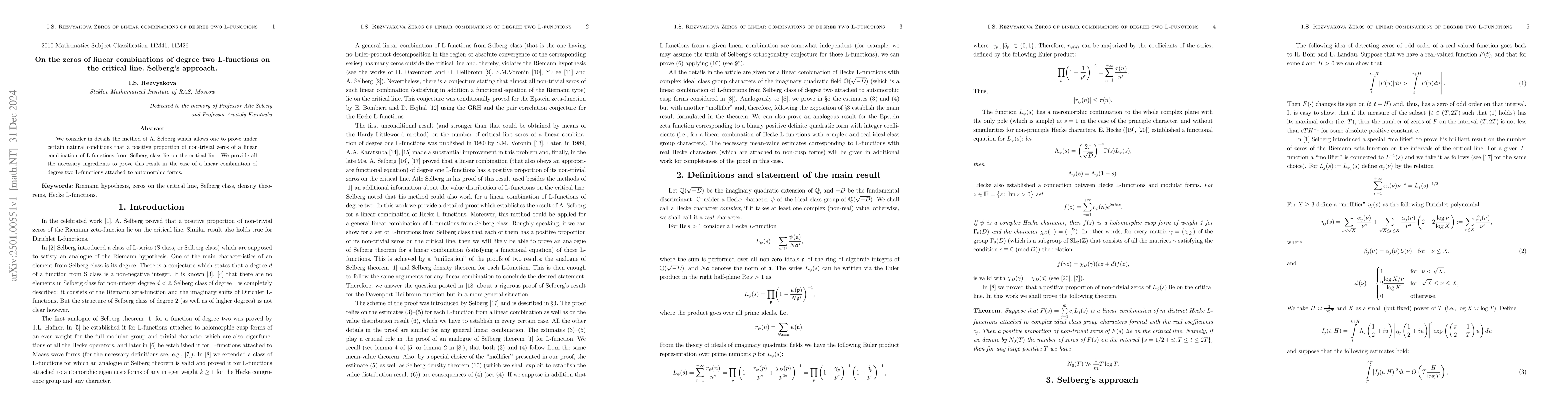 Thumbnail for On the zeros of linear combinations of L-functions of degree two on the
  critical line. Selberg's approach