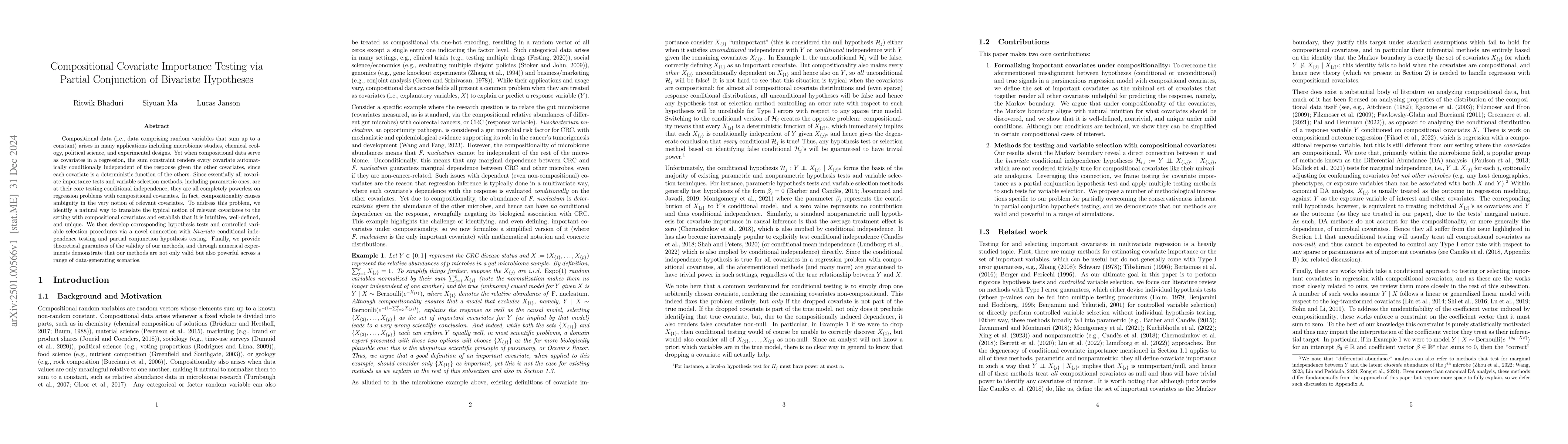 Thumbnail for Compositional Covariate Importance Testing via Partial Conjunction of
  Bivariate Hypotheses