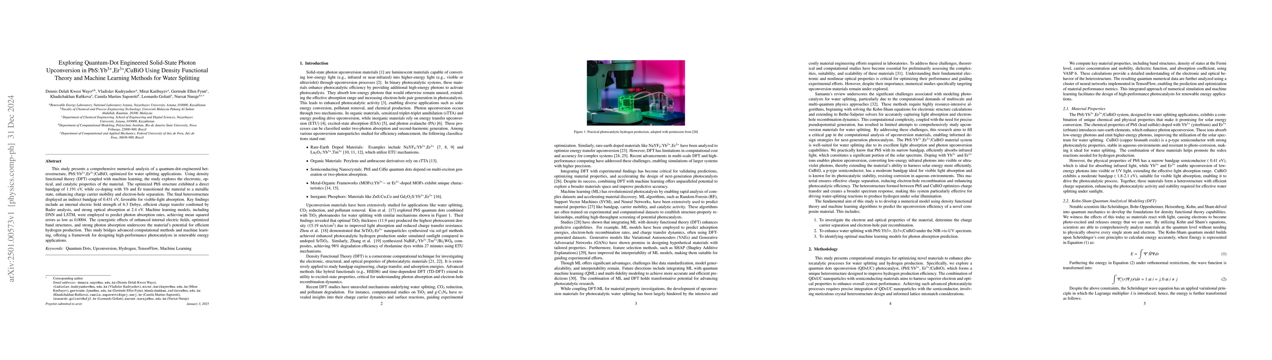Thumbnail for Exploring Quantum-Dot Engineered Solid-State Photon Upconversion in
  PbS:$Yb^{3+},Er^{3+}$/CuBiO Using Density Functional Theory and Machine
  Learning Methods for Water Splitting