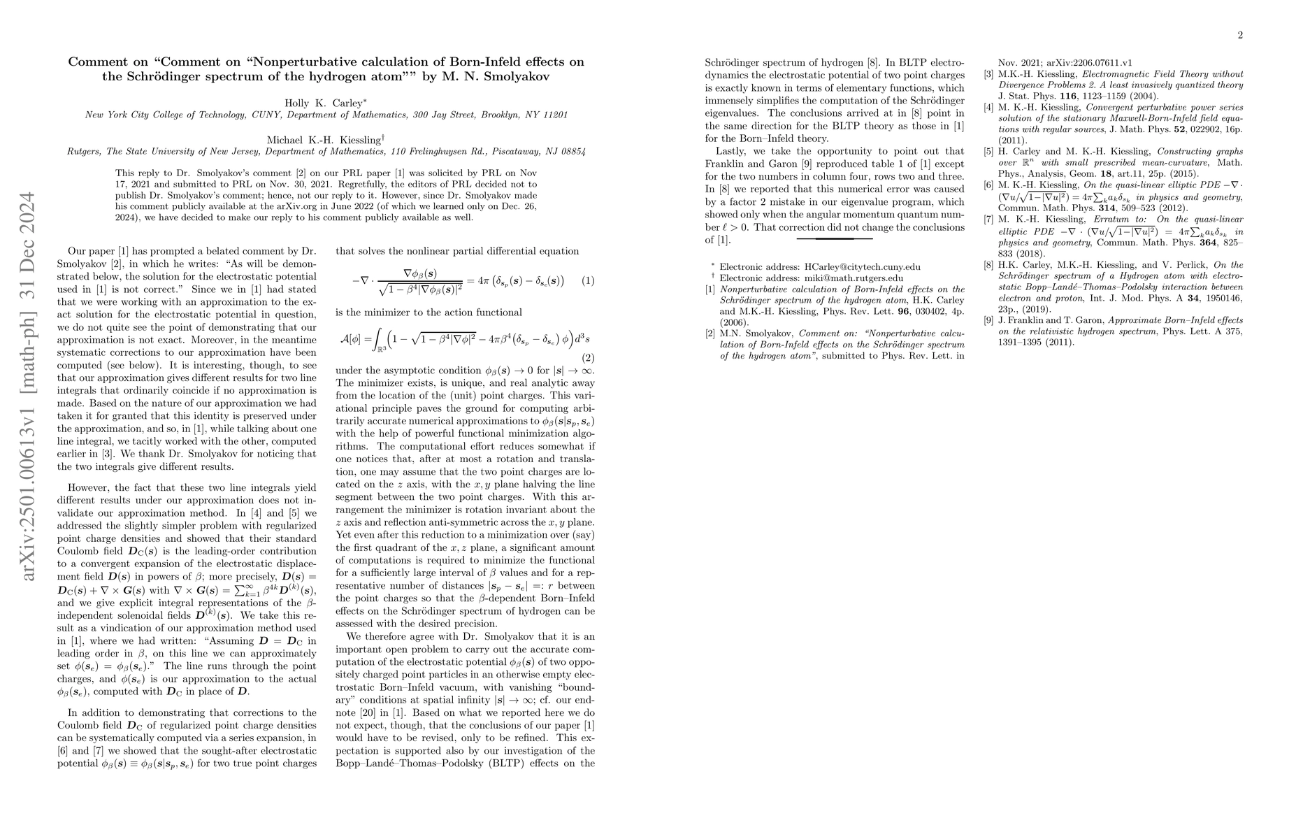 Thumbnail for Comment on: "Comment on "Nonperturbative calculation of Born-Infeld
  effects on the Schrödinger spectrum of the hydrogen atom"" by M. N.
  Smolyakov