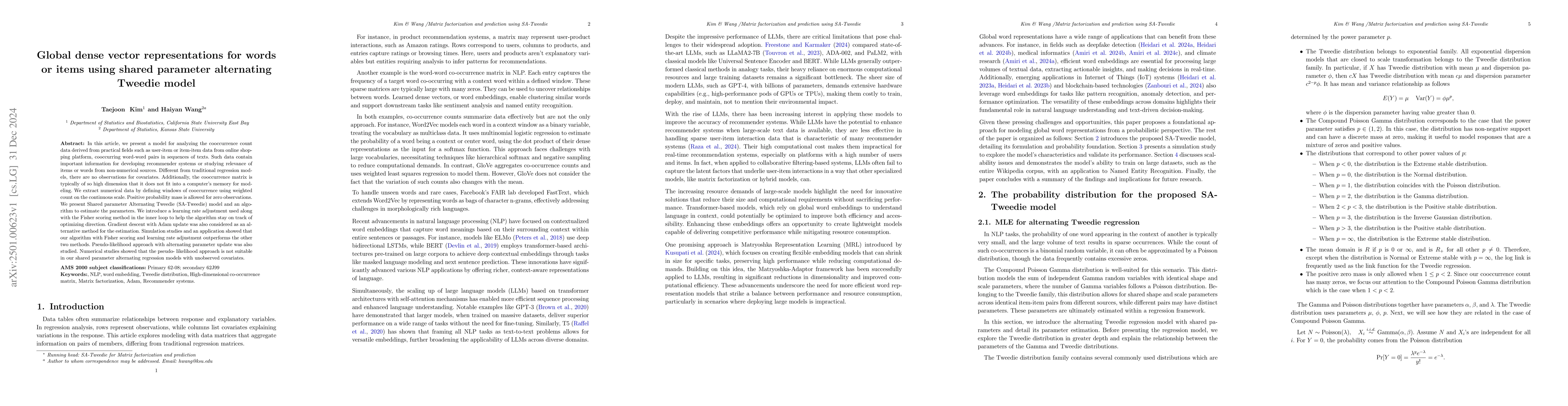 Thumbnail for Global dense vector representations for words or items using shared
  parameter alternating Tweedie model