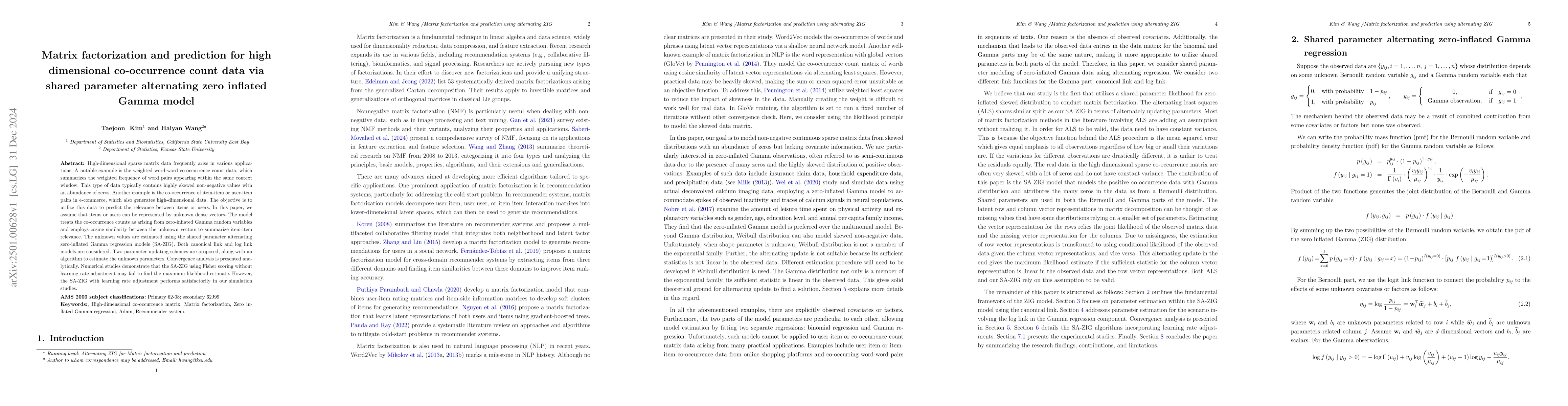 Thumbnail for Matrix factorization and prediction for high dimensional co-occurrence
  count data via shared parameter alternating zero inflated Gamma model
