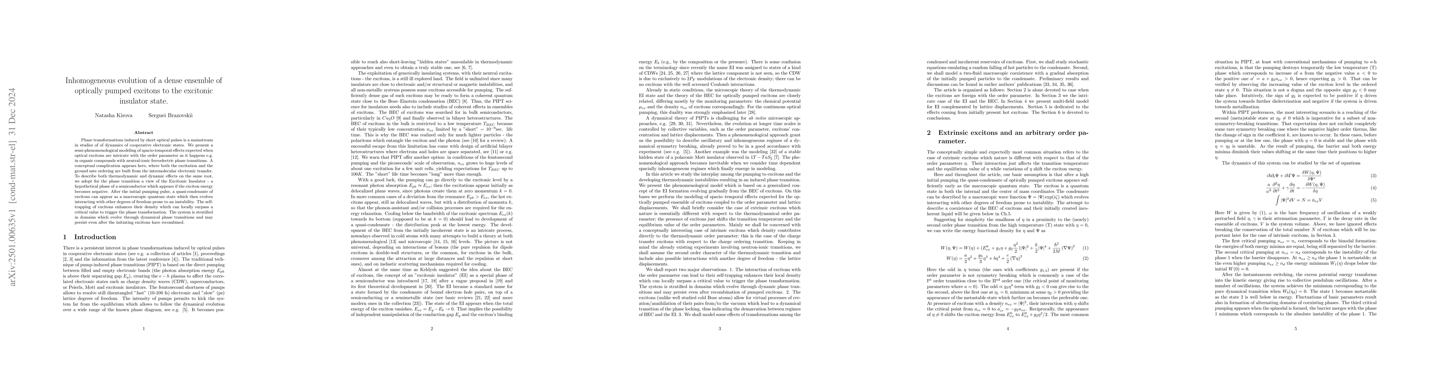 Thumbnail for Inhomogeneous evolution of a dense ensemble of optically pumped excitons
  to the excitonic insulator state