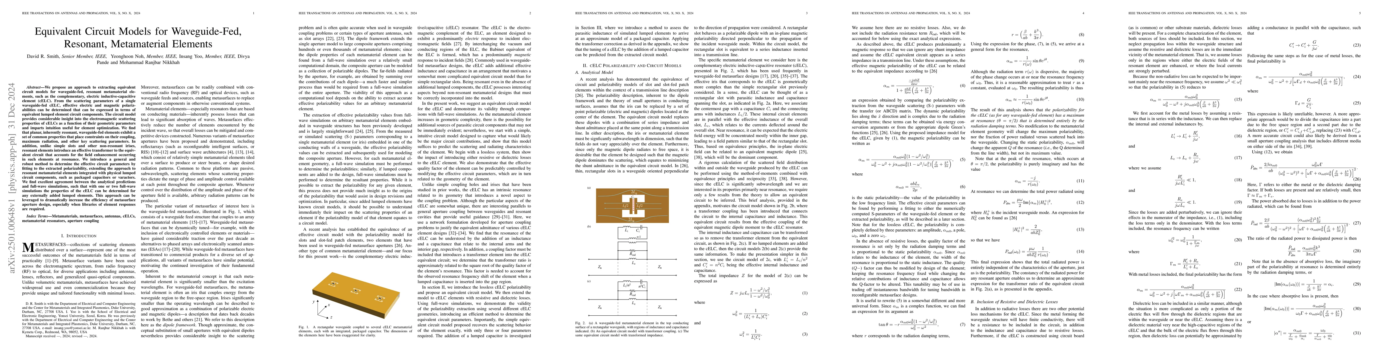 Thumbnail for Equivalent Circuit Models for Waveguide-Fed, Resonant, Metamaterial
  Elements