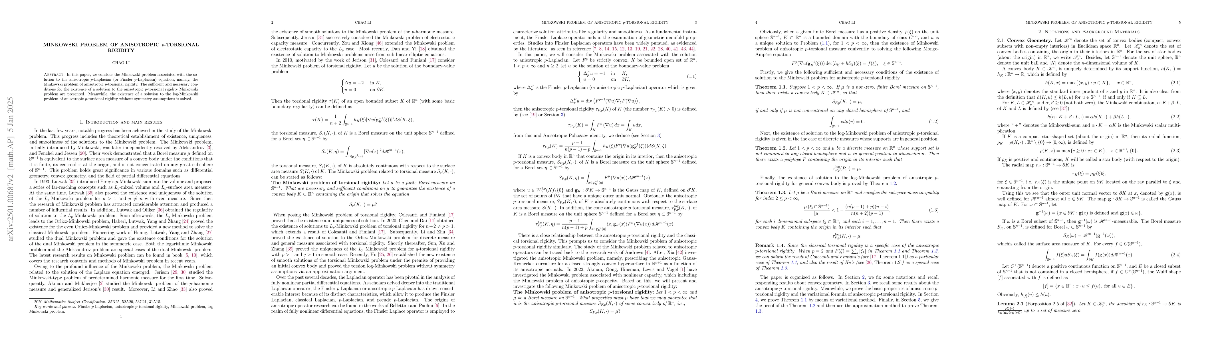 Thumbnail for Minkowski problem of anisotropic p-torsional rigidity