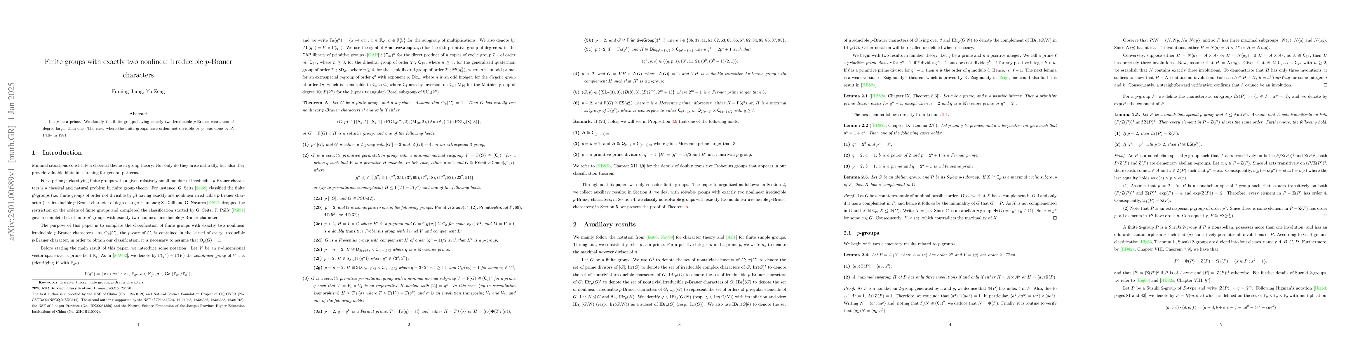 Thumbnail for Finite groups with exactly two nonlinear irreducible $p$-Brauer
  characters