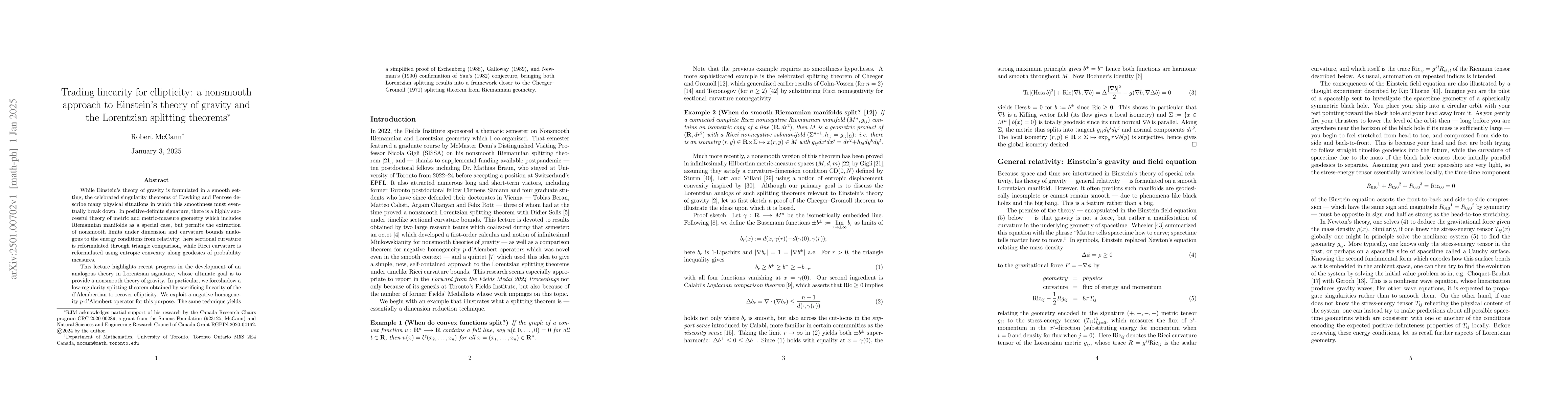 Thumbnail for Trading linearity for ellipticity: a nonsmooth approach to Einstein's
  theory of gravity and the Lorentzian splitting theorems